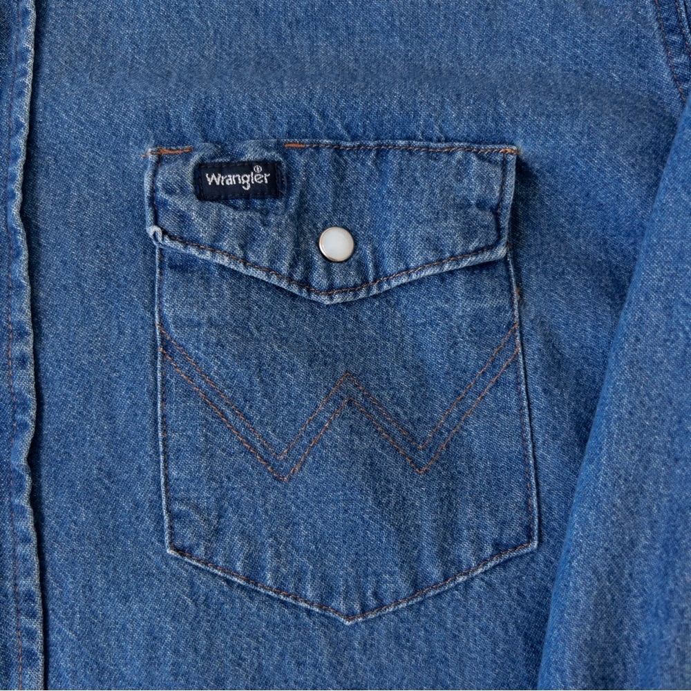 VTG Wrangler Mens Denim Western Shirt Cowboy Rodeo Pearl Snap Long Sleeves - Picture 6 of 14